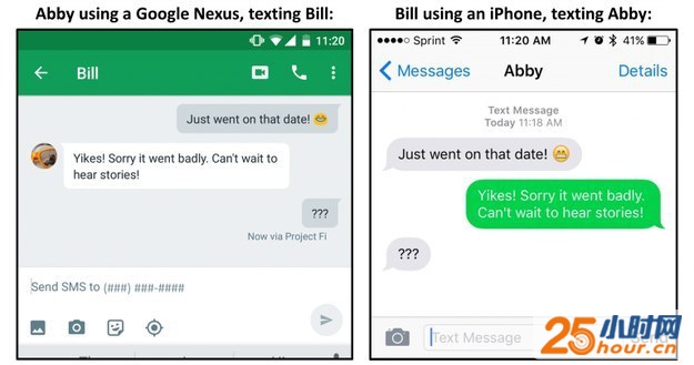 Nesux(左)上发出去的：“约起来！[哈哈]”到iPhone(右)上变成了：“约起来！[有种你别不来]”