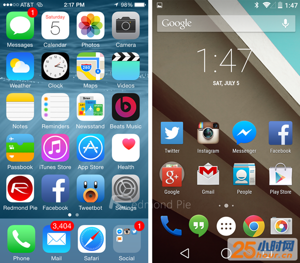 iOS8/Android L主界面对比